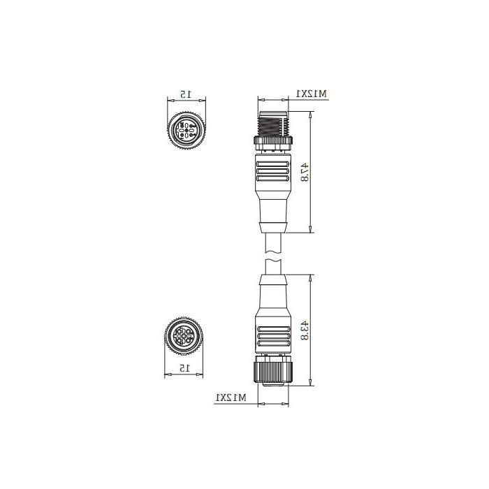 M12 5Pin 公头直型转母头直型、B-coded、双端预铸PVC非柔性电缆、紫色护套、0C4043-XXX