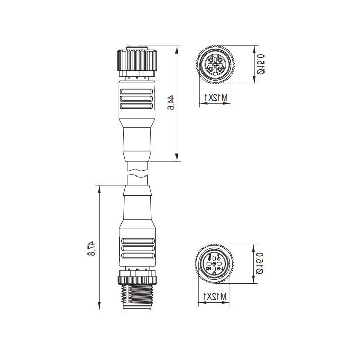 M12 4Pin公/母，双端预铸PVC非软电缆，带屏蔽，红色护套，0C4281-XXX